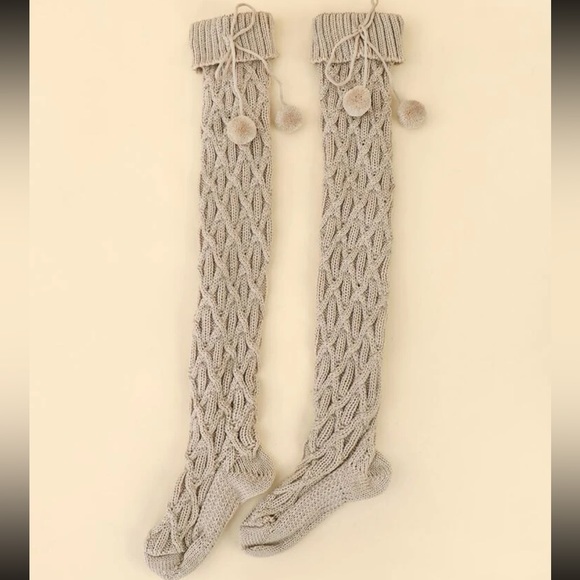 Women Solid Pom Pom Over The Knit Knee Socks - Picture 2 of 3